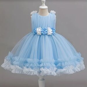 Charming Blue Tulle Dress with White & Blue Floral Accents